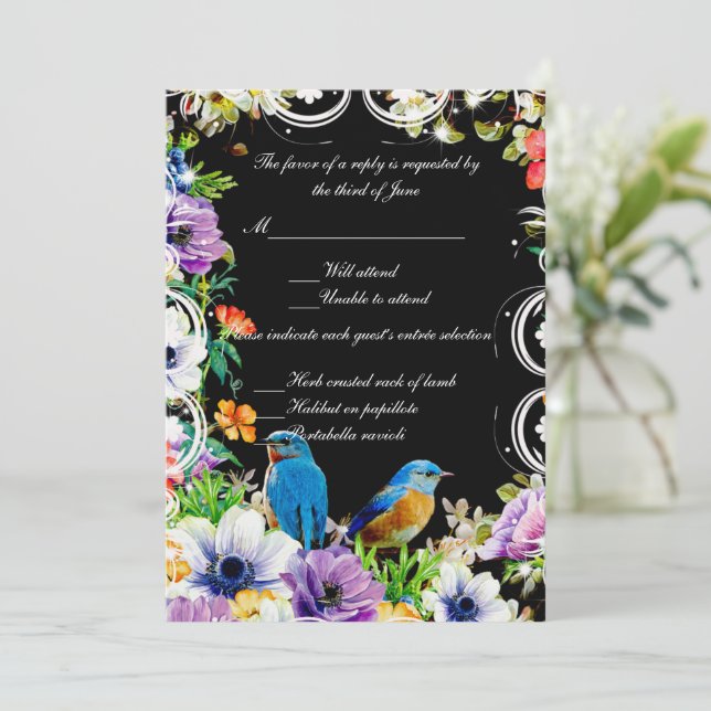 Colourful Blue Birds And Botanical Floral Response Invitation (Standing Front)