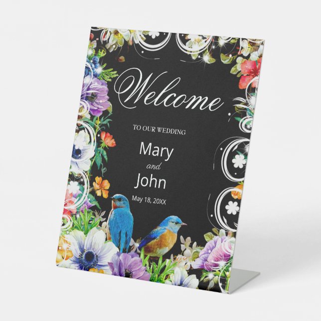Colourful Blue Birds And Botanical Floral Wedding Pedestal Sign (Front)