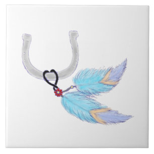 Colourful blue feathers Horseshoe Tile