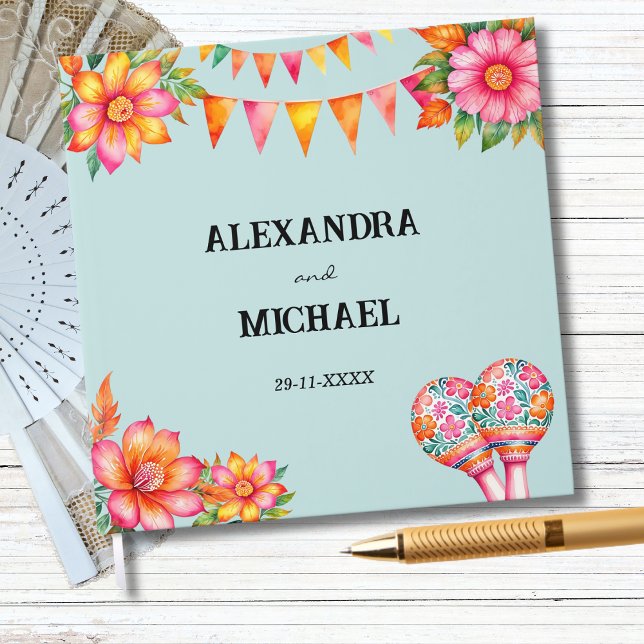 Colourful Blue Floral Mexican Fiesta Wedding Guest Book (Creator Uploaded)