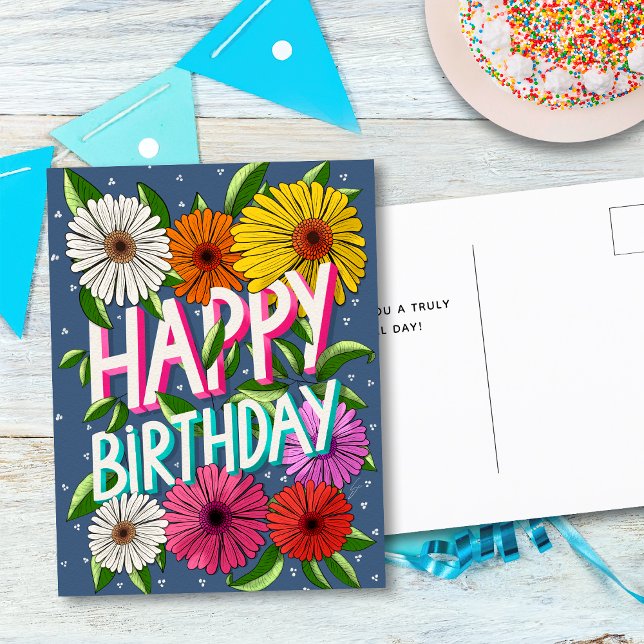 Colourful Blue Floral Personalised Happy Birthday Postcard (Creator Uploaded)