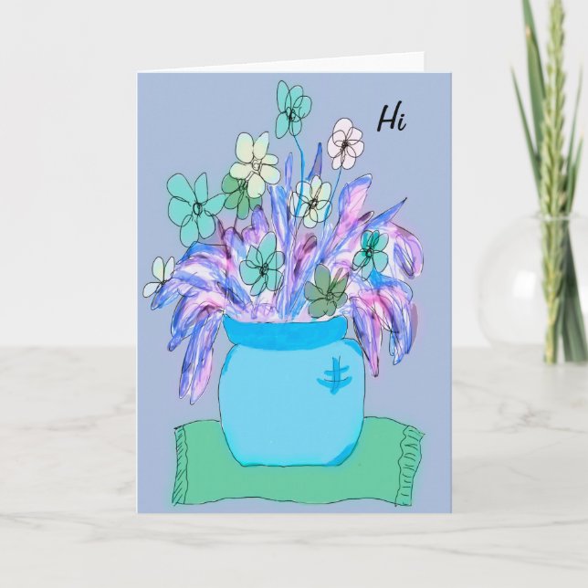 Colourful Blue Flowers & Pot Note Card (Front)