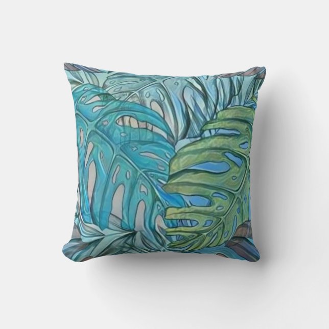 Colourful blue green tropical leaves watercolor  cushion (Front)