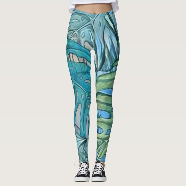 Colourful blue green tropical leaves watercolor  leggings (Front)