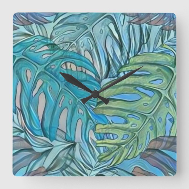 Colourful blue green tropical leaves watercolor  square wall clock (Front)