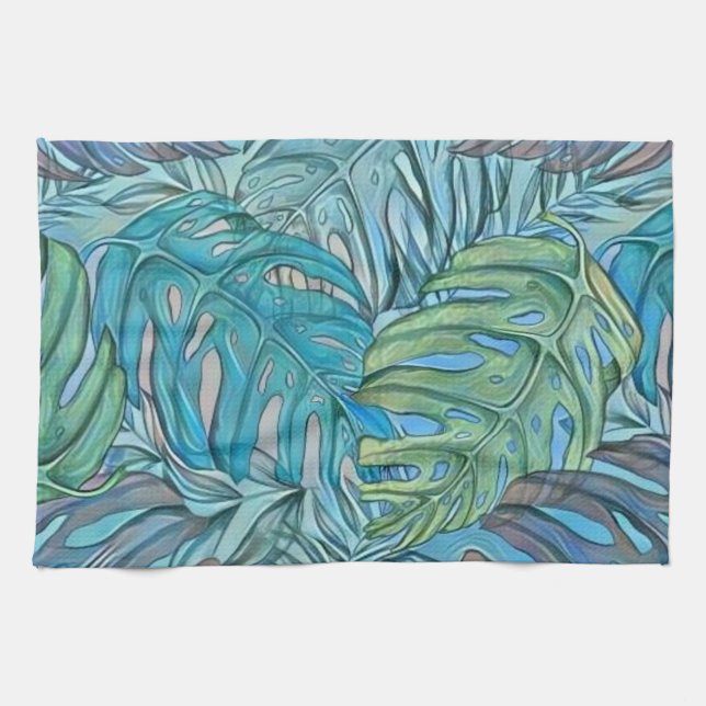 Colourful blue green tropical leaves watercolor  tea towel (Horizontal)