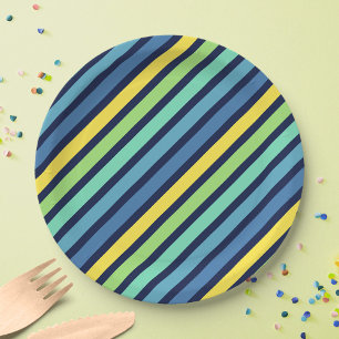 Colourful Blue Green Yellow Stripes Pattern Paper Plate