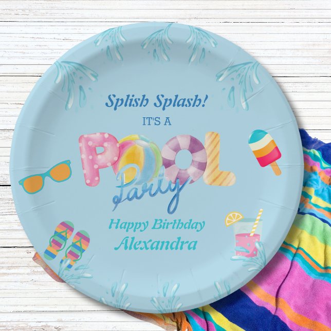 Colourful Blue Kids Swimming Pool Birthday Party Paper Plate (Creator Uploaded)