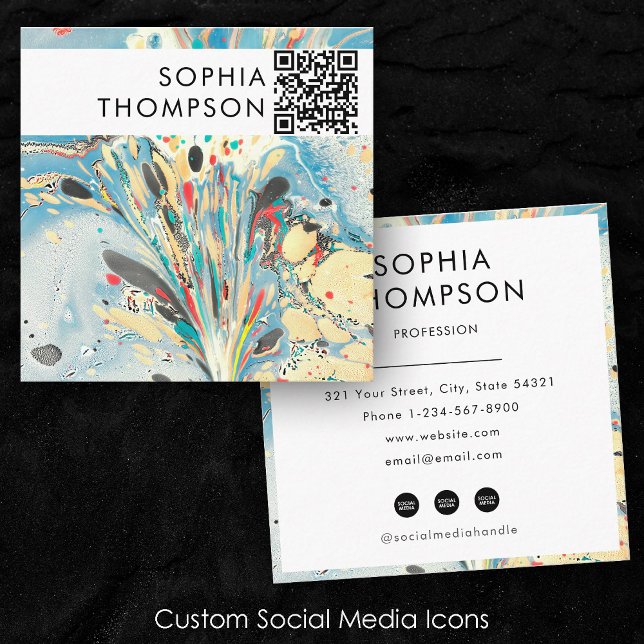 Colourful Blue Marble Abstract QR Code Social Medi Square Business Card (Colorful Blue Marble Abstract QR Code Social Media Square Business Card)
