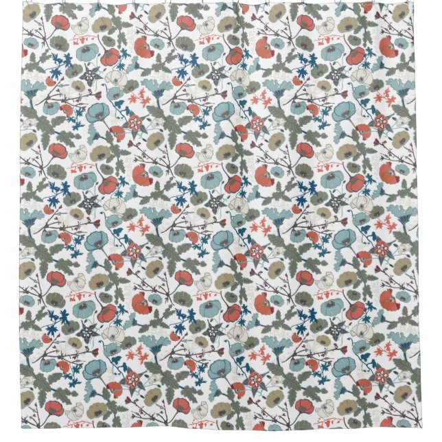 Colourful Blue Orange Patterned Flowers Shower Curtain (Front)