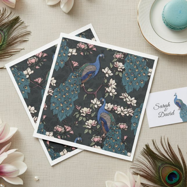 Colourful Blue Peacock and Magnolia Black Napkin (Elegant Black Peacock Napkins. Colorful Blue Peacocks with Teal Feather Floral Chinoiserie Pattern)