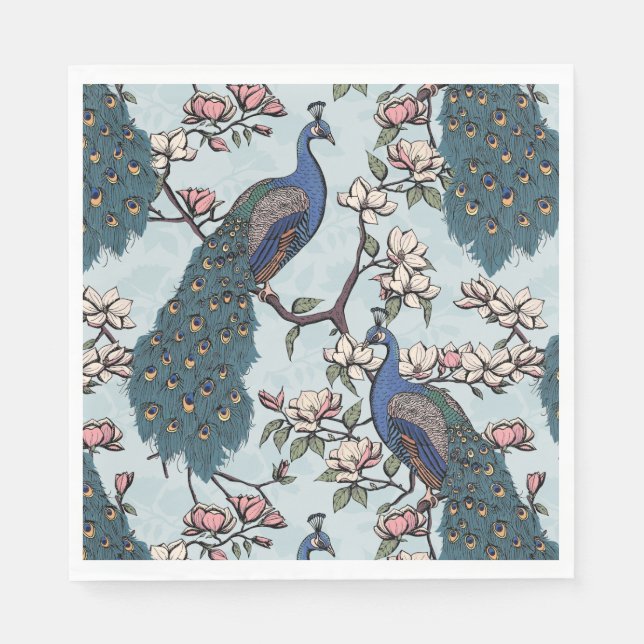 Colourful Blue Peacock and Magnolia Blue Napkin (Front)