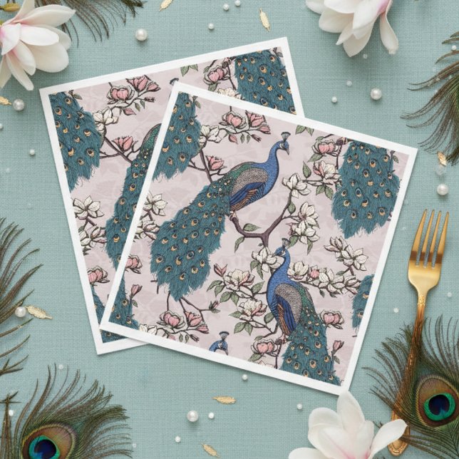 Colourful Blue Peacock and Magnolia Blush Pink Napkin (Elegant Pink Peacock Napkins. Colorful Blue Peacocks with Teal Feather Floral Chinoiserie Pattern)