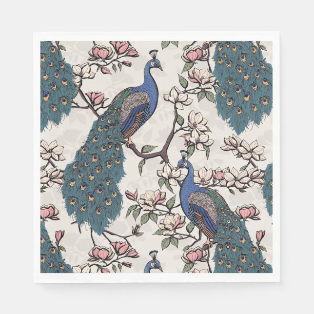 Colourful Blue Peacock and Magnolia Ivory Napkin (Front)