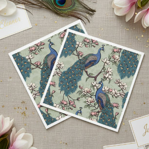 Colourful Blue Peacock and Magnolia Sage Green Napkin