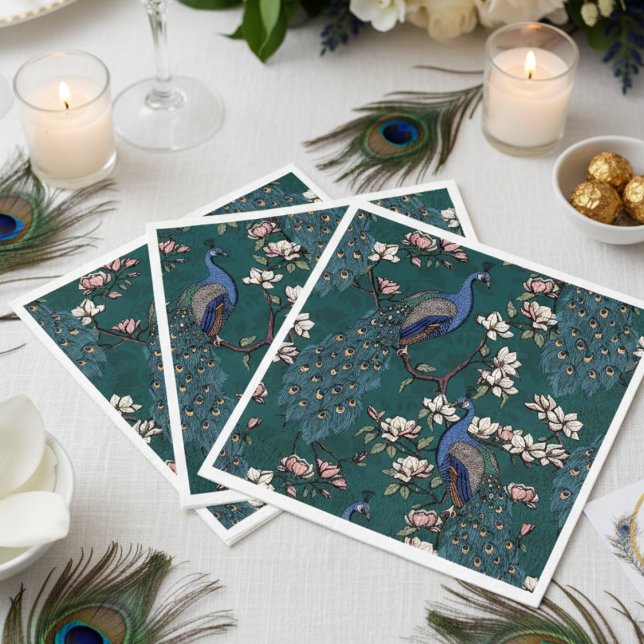 Colourful Blue Peacock and Magnolia Teal Napkin (Elegant Teal Green Peacock Napkins. Colorful Blue Peacocks with Teal Feather Chinoiserie Pattern)