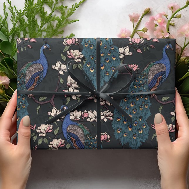Colourful Blue Peacock & Magnolia Black Wildlife Wrapping Paper (Elegant Floral Blue Peacock Birds, Magnolia Branches in Bloom, Almost Black Background. Hand Drawn.)