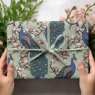 Colourful Blue Peacock & Magnolia Green Wildlife Wrapping Paper