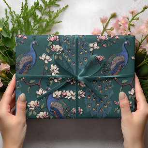 Colourful Blue Peacock & Magnolia Green Wildlife Wrapping Paper