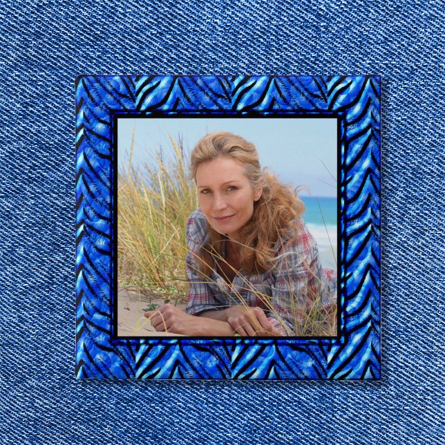 Colourful Blue Photo Frame Button (Bright Blue Zebra Art Border Photo Button)