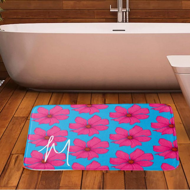 Colourful Blue Pink Floral Modern Monogram Bath Mat (Creator Uploaded)