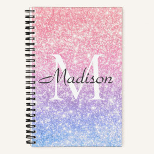 Colourful Blue Pink Ombre Glitter Name Monogram Notebook