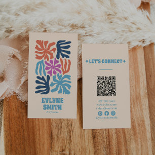Colourful Blue Pink QR Code Groovy Floral Trendy Business Card