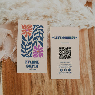 Colourful Blue Pink QR Code Groovy Floral Unique Business Card