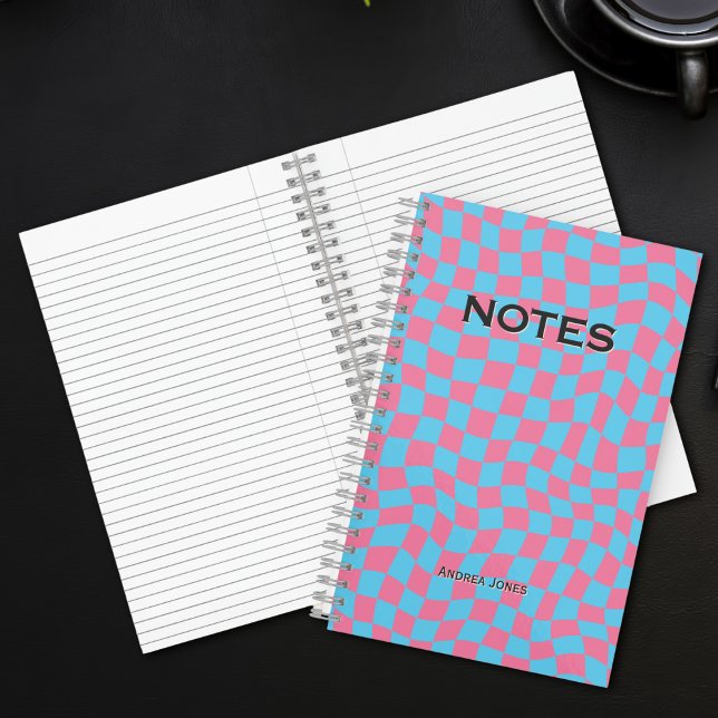 Colourful Blue Pink Wavy Check Monogram Name Notebook (Creator Uploaded)