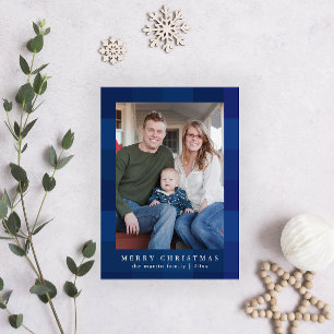 Colourful Blue Plaid Print Front Christmas Holiday Card