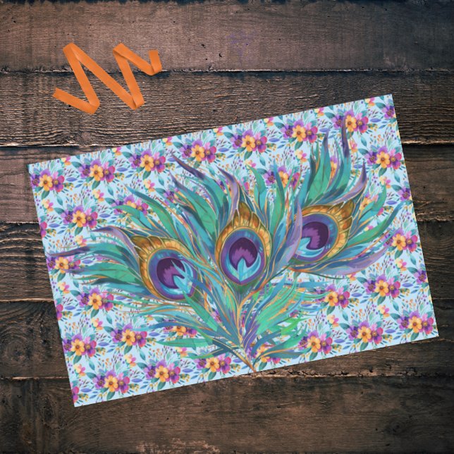 Colourful Blue Purple Peacock Feathers and Flowers Tissue Paper (Creator Uploaded)