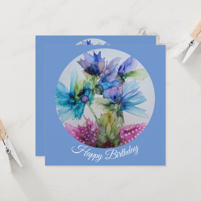 Colourful Blue Purple Pink Green Floral Art  (Front/Back In Situ)