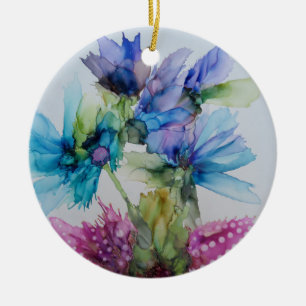 Colourful Blue Purple Pink Green Floral Art Ceramic Tree Decoration