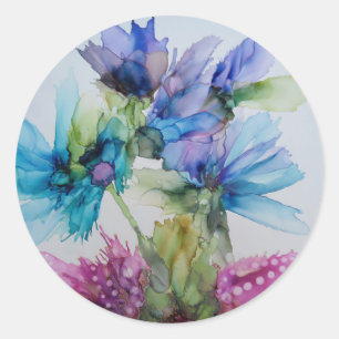 Colourful Blue Purple Pink Green Floral Art Classic Round Sticker