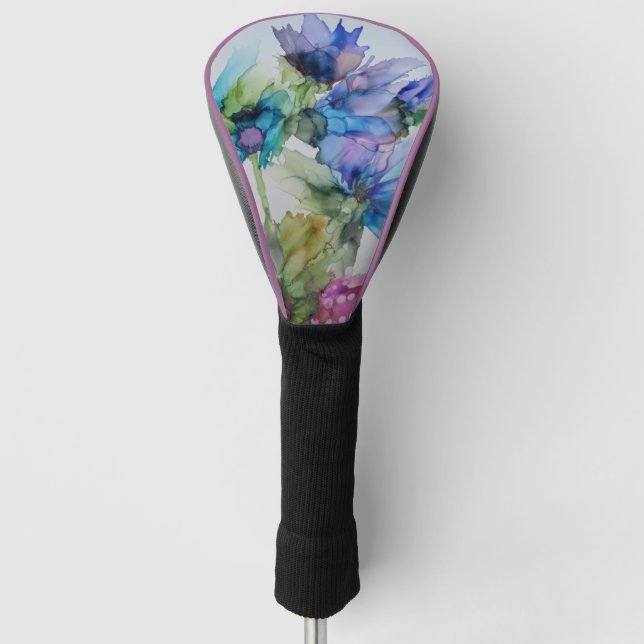 Colourful Blue Purple Pink Green Floral Art  Golf Head Cover (Front)