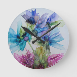 Colourful Blue Purple Pink Green Floral Art   Round Clock