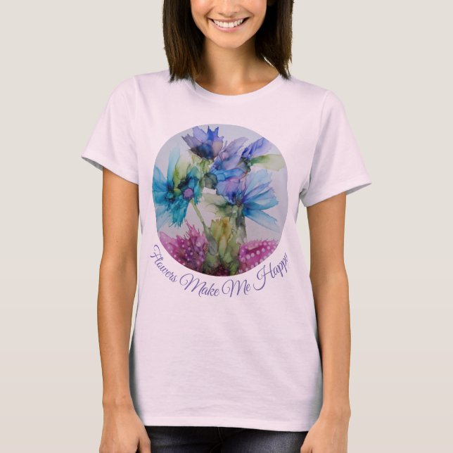 Colourful Blue Purple Pink Green Floral Art  T-Shirt (Front)