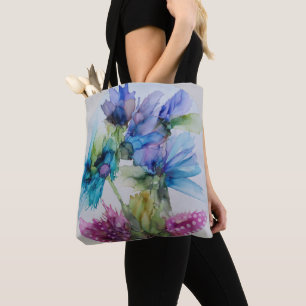Colourful Blue Purple Pink Green Floral Art Tote Bag