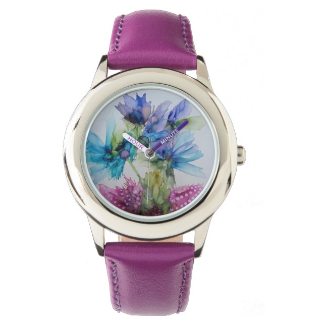 Colourful Blue Purple Pink Green Floral Art   Watch (Front)