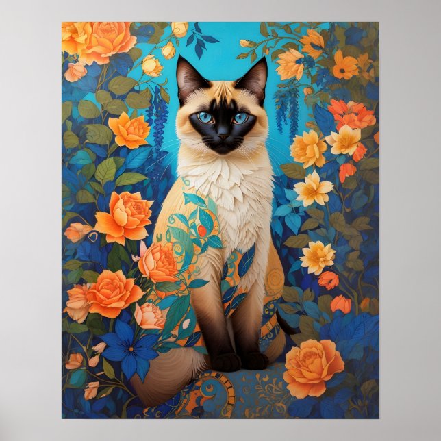 Colourful Blue Siamese Cat Botanical Garden Poster (Front)