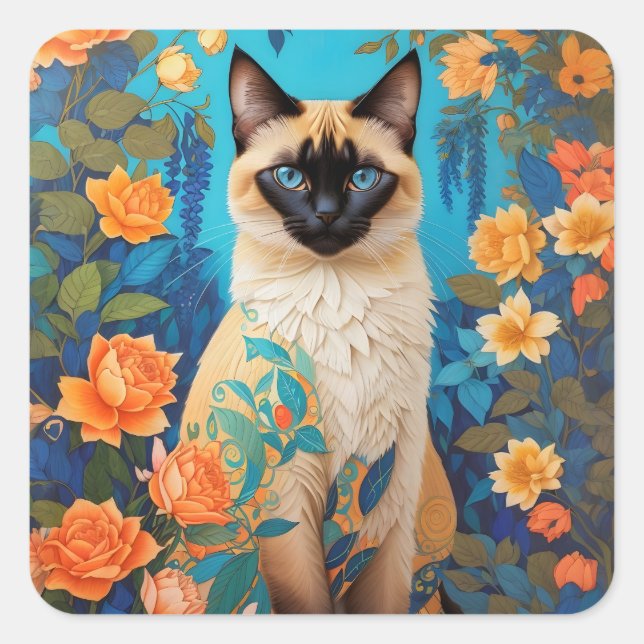 Colourful Blue Siamese Cat Botanical Garden Square Sticker (Front)