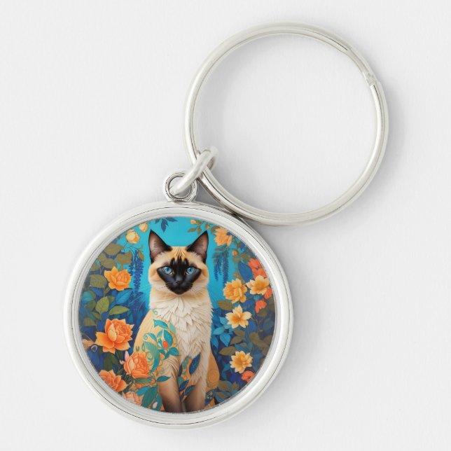 Colourful Blue Siamese Cat Floral Key Ring (Front)