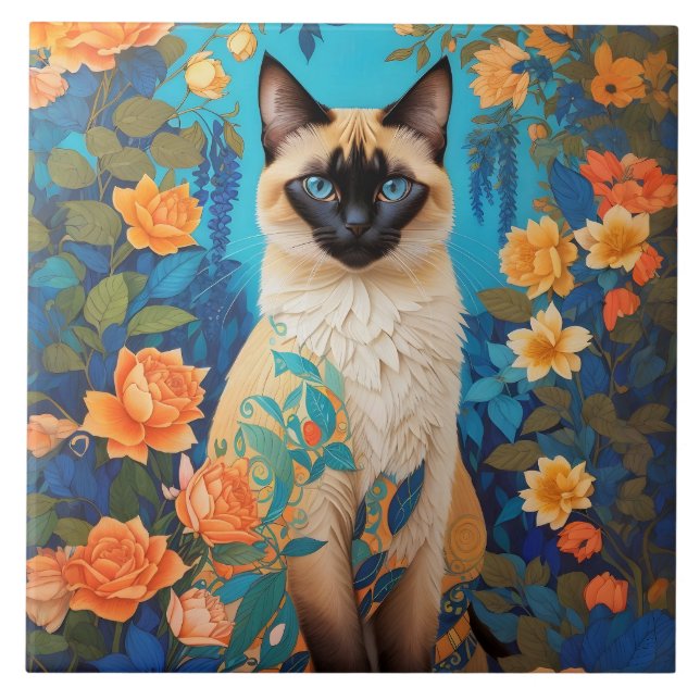 Colourful Blue Siamese Cat Floral Tile (Front)