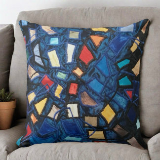 Colourful blue stained glass aspect abstract cushion