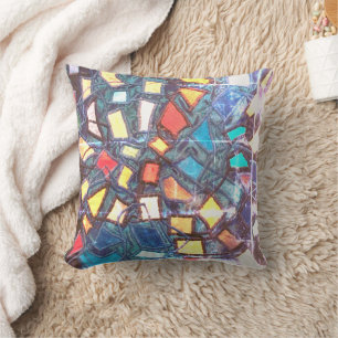 Colourful Blue Stained Glass Look Distressed Retro Cushion