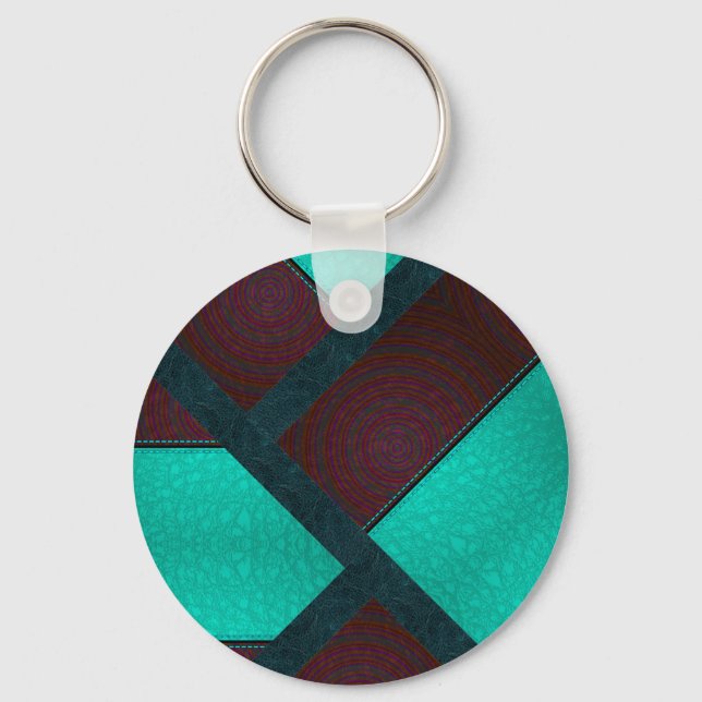 Colourful Blue Stitched Patchwork leather Key Ring (Front)