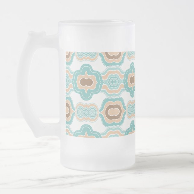 Colourful blue/tan/brown medallion frosted glass beer mug (Left)