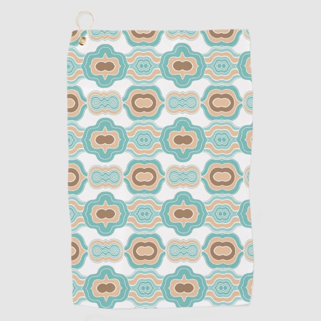 Colourful blue/tan/brown medallion golf towel (Front)