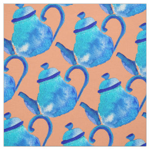 Colourful blue teapot watercolor fabric