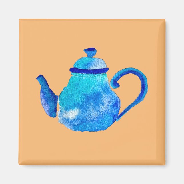 Colourful blue teapot watercolor magnet (Front)